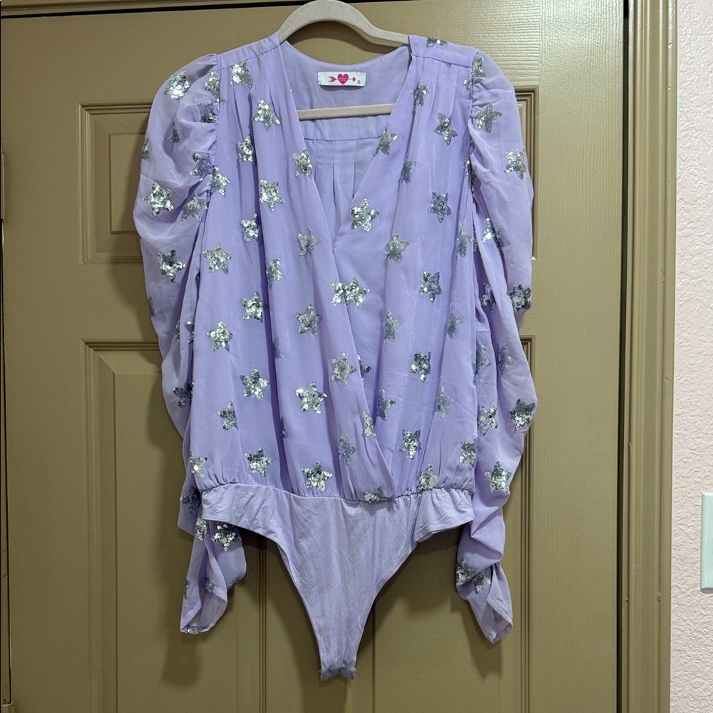 Buddy Love Lavender Bodysuit with Metallic Silver Sequin Star Details